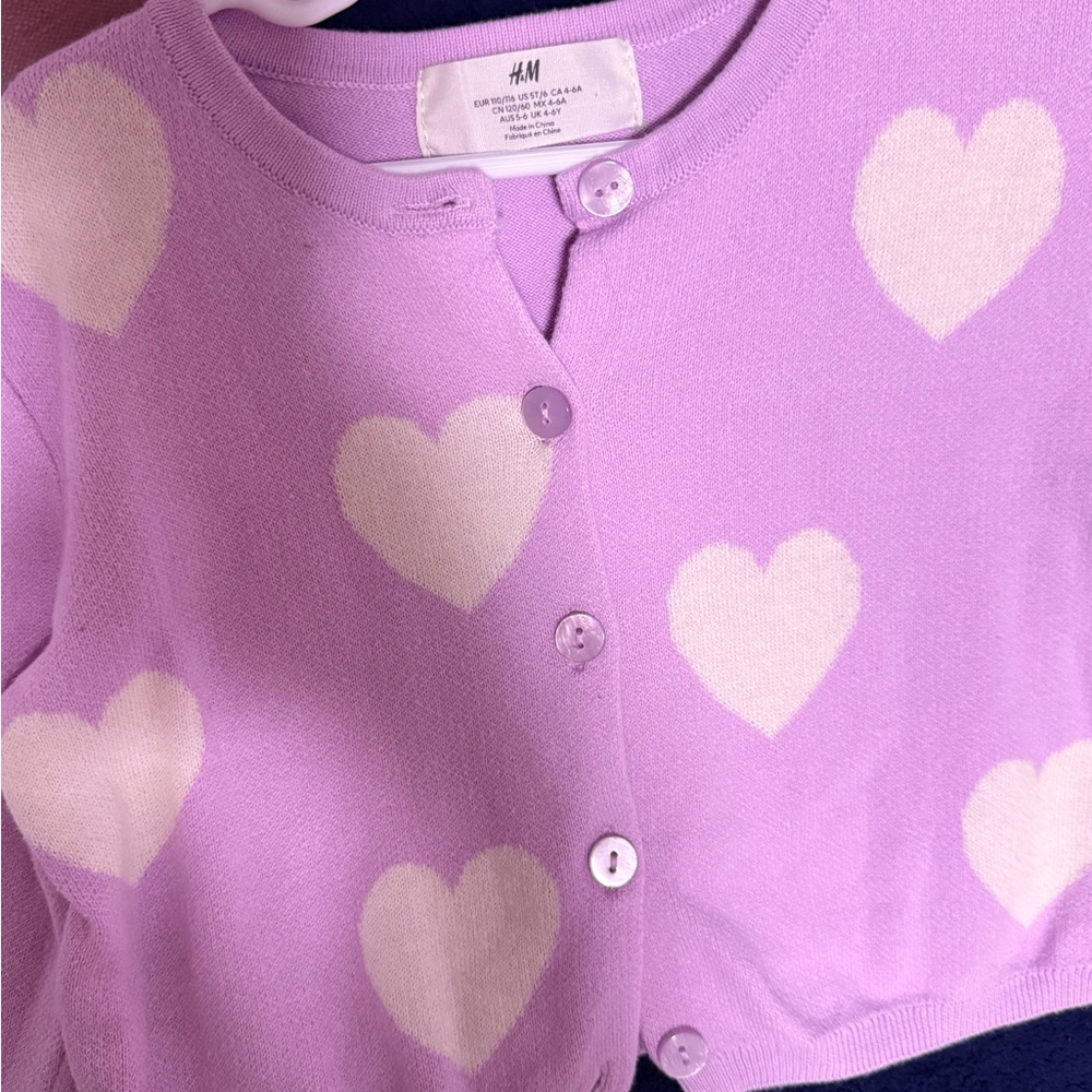 H&M Lavender Cardigan with Cream Hearts